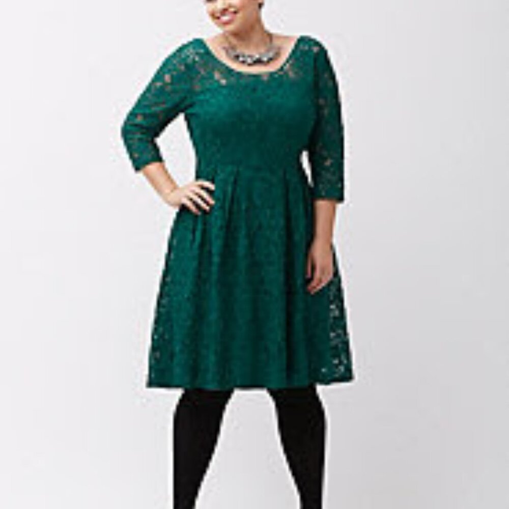 Lane Bryant Green High-Low, Scoop Neck, Lace Dress - Size 22